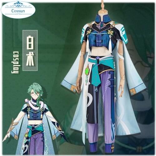 Genshin Impact BAIZHU Cosplay Costumes Bai Shu Wig Removable Bun Baishu Green Long Straight Braided Ponytail Heat Resistant Hair