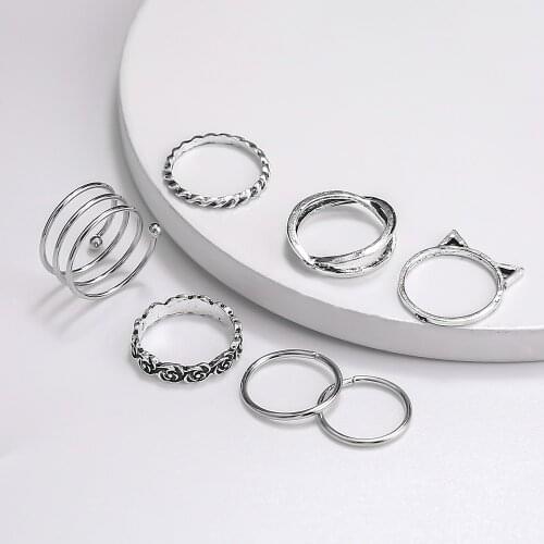 Cute Cat Kitten Ear Silver Vintage Woman Rings Set Spiral Rose Cross Fashion Finger Ring Simple Party Knuckle Jwelry Good Gift