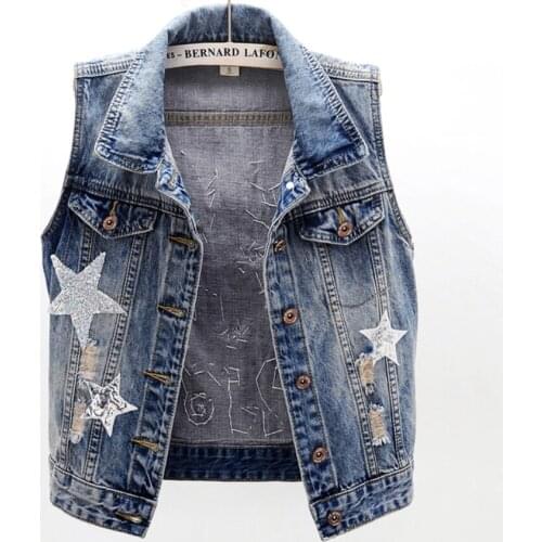 Fashion star sequined denim women summer hole sleeveless slim short jeans outercoat plus size