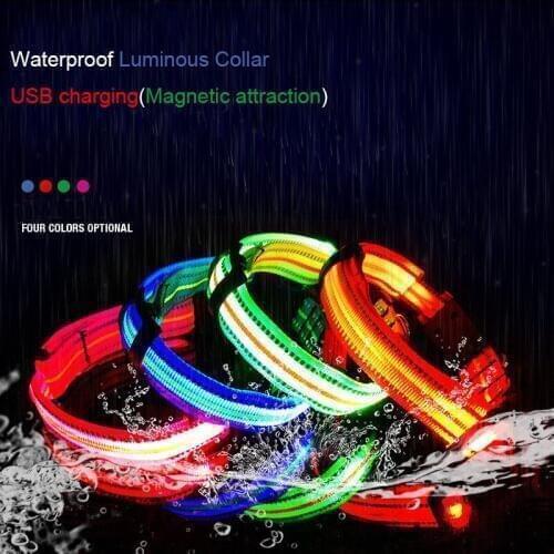 Fashion Waterproof Dog Collar Luminous Led USB Rechargeable Nylon Reflective Pet Collar Light Red Green Blue Collar For Dogs