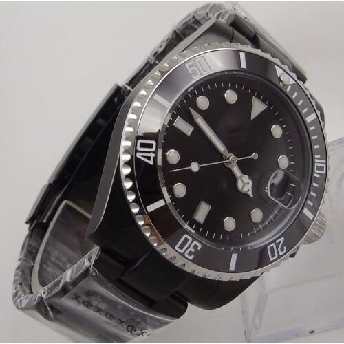 40MM Black Sterile Dial Sapphire Glass PVD Coated NH35A Black Ceramic Bezel Date Glass Case Back Automatic Mens Wristwatch