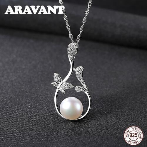 Natural Freshwater Pearl Jewelry 925 Sterling Butterfly With Pearl Pendant Necklaces For Women Luxury Wedding Jewelry 3 Colors