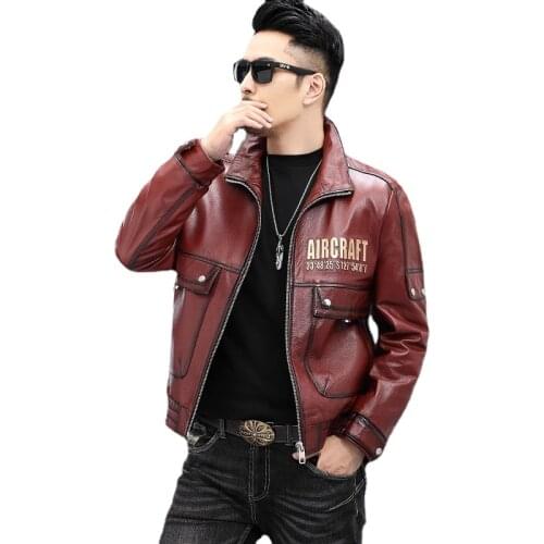 New Genuine Leather Clothes Mens Top Layer Coat Short Cowhide Stand Collar Motorcycle Leather Jacket Male