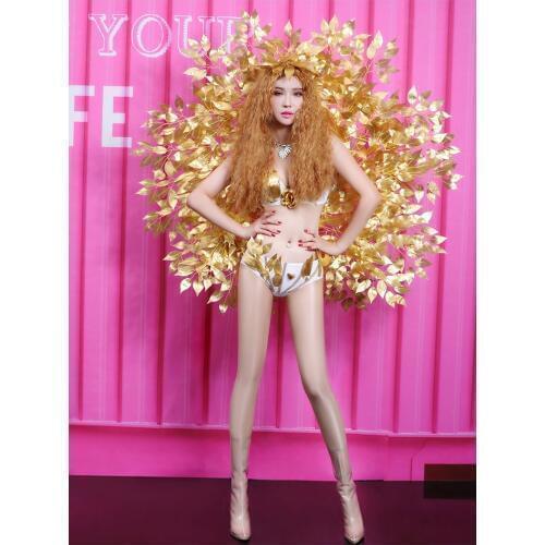 2020 Women New Leading Dancer Sexy Costumes Bar DJ Performance Outfits Model Show Catwalk Sexy Gold Wing Bikini Stage Wears
