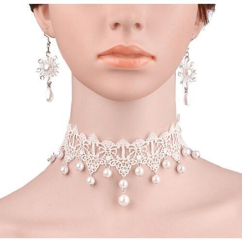 New Women Necklaces Earrings SET Bridal Wedding Lady White Flower Lace Beaded Pearl Drop Choker Chunky Necklace Fashion Jewelry