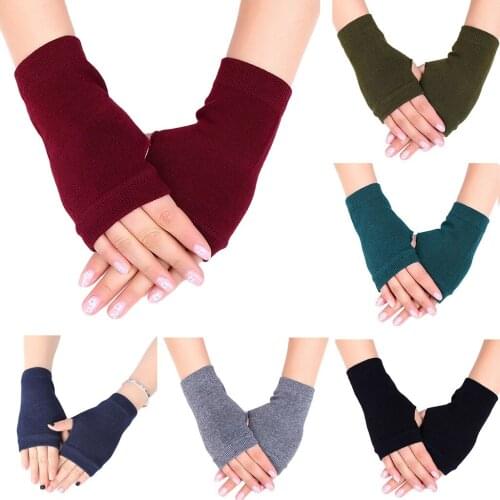 Women Men Combed Cotton Knitted Fingerless Gloves Solid Color Stretchy Thumb Hole Wrist Length Driving Mittens Student Hand Warm