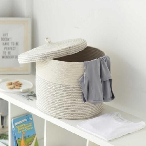 Cotton Rope Woven Laundry Basket With Lid Kids Plush Toys Storage Organizer Dirty Clothes Basket Home Sundries Storage Barrel