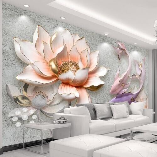 Custom Self Adhesive Mural Photo Wallpaper Lotus Fish 3D Bedroom Living Room Sofa TV Background Home Decoration Wall Painting