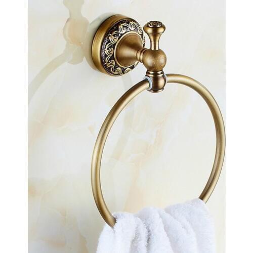 Vintage Antique Brass Bathroom Wall Mounted Towel Ring Holder Bathroom Accessories Bath Hardware Carved Flower Base mba489