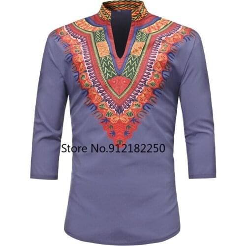 Fashion V Neck Long Sleeve Shirt Men 2021 African Dashiki Shirt Mens Ethnic Printed Hip Hop Shirts Chemise Homme African Clothes