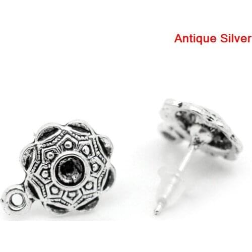 8SEASONS Earring Post Round Antique Silver Color (Can Hold ss16 Rhinestone) Pattern Carved W/Stoppers & Loop 14x15mm,25 Pairs