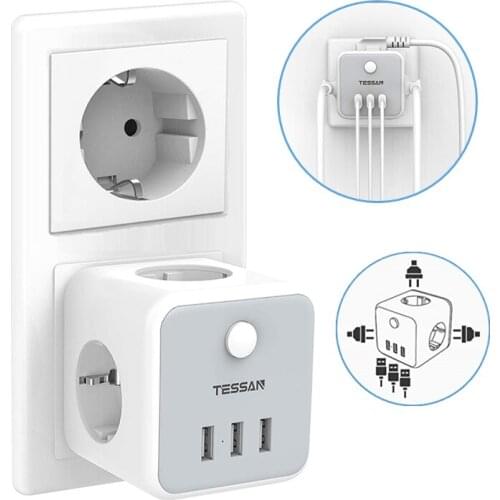 TESSAN Power Strip with 3 EU Outlets and 3 USB Charging Ports Wall Socket EU Standard On Off Switch Adapter for Home Office