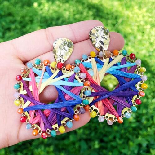 SAY HELLO Bohemian Color Rope Braided Large Circle Hollow Earrings Geometric Heart Shaped Water Drop Alloy Pendant Earrings