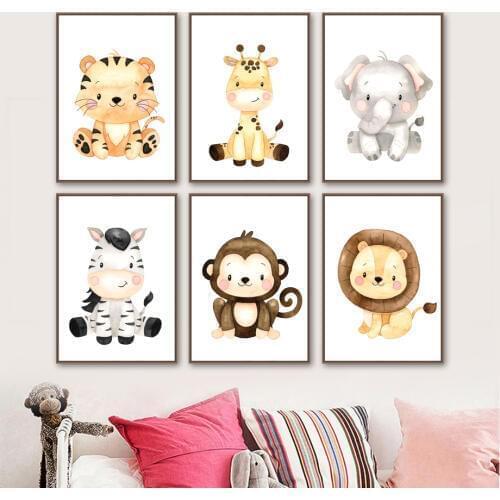 Tiger Giraffe Lion Elephant Zebra Monkey Wall Art Canvas Painting Nordic Posters And Prints Wall Pictures Baby Kids Room Decor