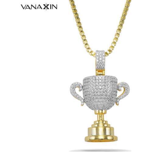 VANAXIN Winner Cup Necklaces 925 Sterling Silver Pendants Necklaces CZ Hip Hop Jewelry 24'' Chain Trophy Pendant Gift Box