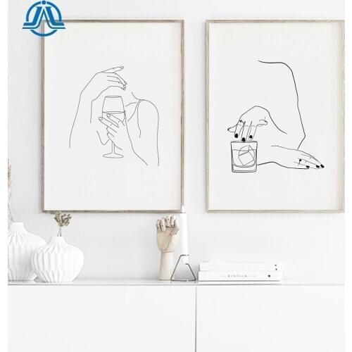 Whiskey Woman Print Line Art Drawing Glass Old Fashion Cocktail Poster Female Drinking Bourbon Wall Art Canvas Painting Decor