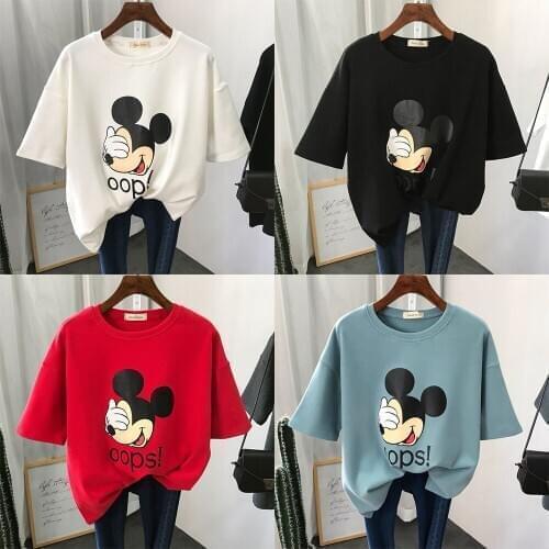 Disney Mickey Womens T-shirt Female Korean Cartoon Print Loose and Thin Half-sleeved Summer Bottoming Shirt Female Student Top