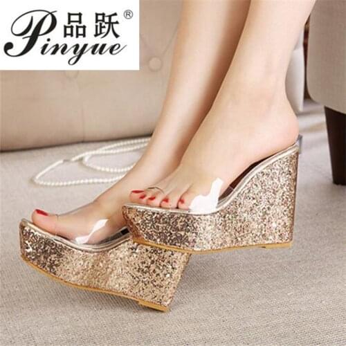Wedge with female summer new high heels fish mouth shoes word slippers leather thick crystal sandals size 34--40