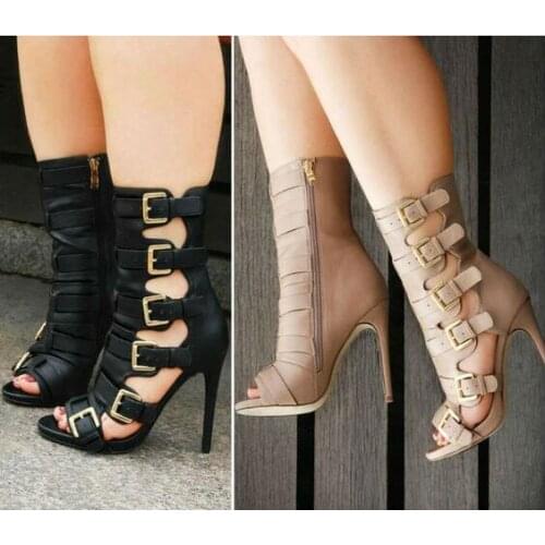 Dipsloot New Sexy Woman Khaki Black Python Animal Print Buckles Short Sandals Boots Ladies Peep Toe Cuts Out 12 CM Heels Boots