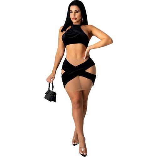 Skirts Womens 2021 Summer New Style Hanging Neck Strap Tube Tops Sexy Flannel Stitching Mesh Sexy Skirt Suit Dress Sets