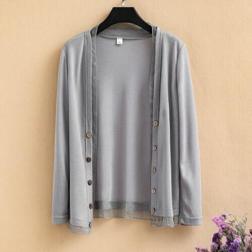 Summer Plus Size Thin Light Knitted Cardigan Women Summer Long Sleeve Top Chiffon Knitwear 3xl 4xl 5xl Girls Button Sweater Gray