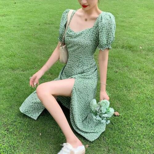 Women Retro Floral Print Loose Elegant Puff Sleeve Dress Square Collar Short Sleeve Simple Temperament Office Lady Dress