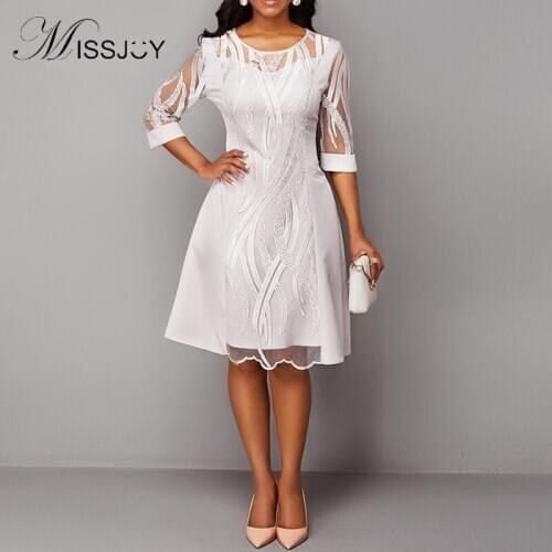 MISSJOY Womens 2020 Elegant 3/4 Sleeve Mesh Embroidered Round Neck Bridesmaid Waist A-Line White Party Knee Length Dresses