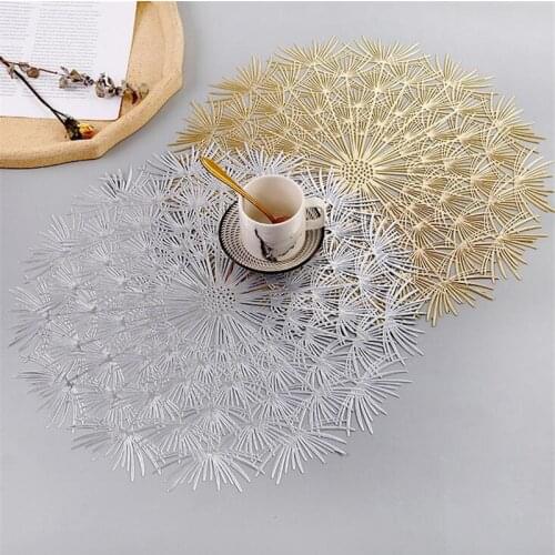 38cm Hollow Dandelion Flower Placemat PVC Thickened Table Mat Gold Round Hot Stamping Heat Insulation Placemats Mug Coaster
