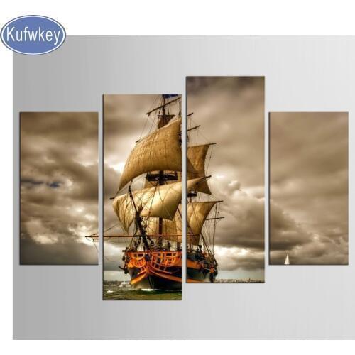 4pcs Diamond Painting sailboat,picture of Rhinestone mosaic unfinished 3d Cross Stitch,sea Diamond embroidery sale Home Decor