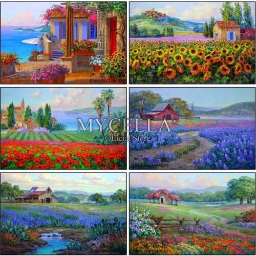 Diy Diamond Painting Cross Stitch Landscape Oil Painting Diamond Embroidery Flowers Crystal Full Round Mosaic Picture Needlework
