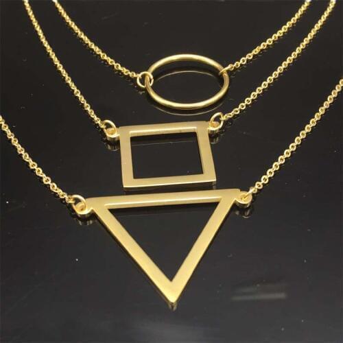 316L Stainless Steel Gold Color Three Multi Layered Round Square Triangle Charm Pendant Long Necklace for Women