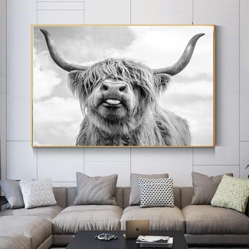 Black and White Yak Highland Canvas Painting Cow Wild Animals Posters and Prints Wall Art Picture Cuadros Home Decoration