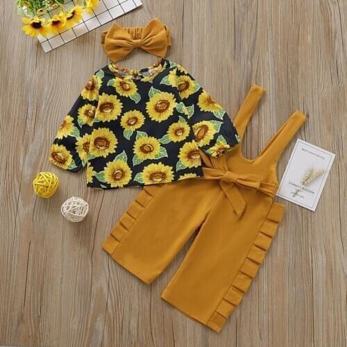 3pcs Sets Fall Newborn Baby Kid Girls Sunflower Tops+solid Slip Pants +headband Outfit Set Babys Clothing 0-24m