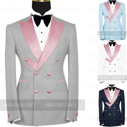 Newest Fashion Grey Mens Wedding Suit Set 2 Pieces Formal Prom Dinner Male Tuxedo Pink Lapel Blazer Double Breasted Jacket Pants
