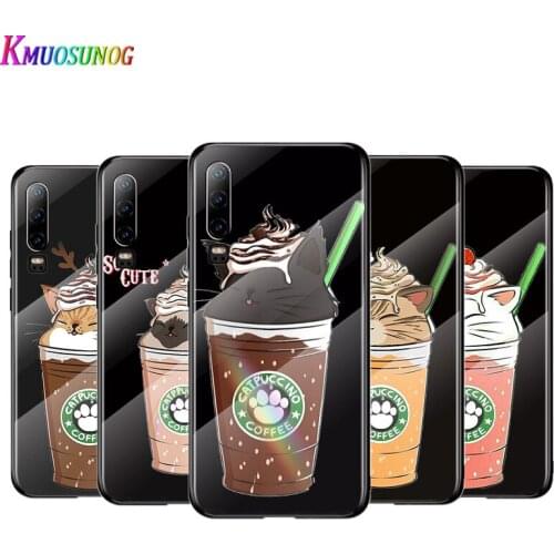 Cute Cat With Coffee For Huawei P40 P30 P20 P10 Pro Plus Lite 5G 2019 Tempered Glass Cover Shell Luxury Phone Case