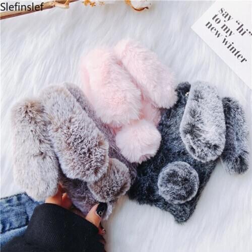 Slefinslef Bling Fluffy Rabbit Fur Cute Silicone Bunny Plush Phone Case for Huawei Mate 20 P20 P30 Lite Pro Furry Cover Coque On