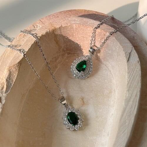 CHUANGU 925 sterling silver Fashion Exquisite Green CZ Zircon Clavicle Chain Necklace Pendant Personality Necklace Jewelry