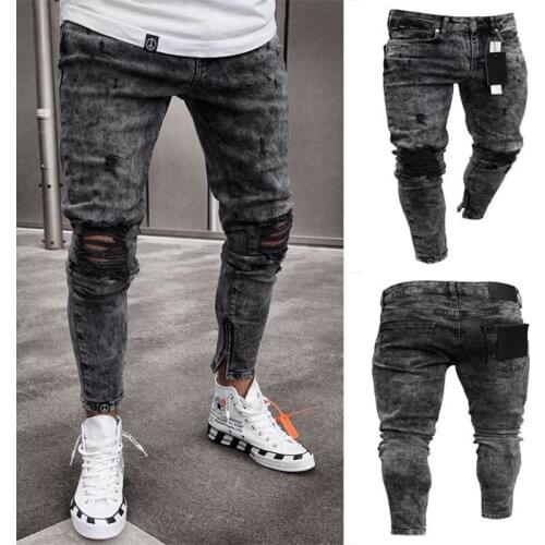 Mens Ripped Stretch Mid-Waist Denim Trousers With Small Feet And Zipper