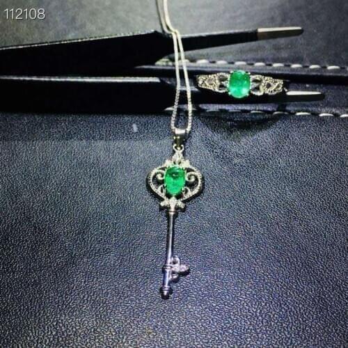 Lovely Hollowing Key crown S925 silver natural green emerald gem ring Pendant natural gemstone jewelry set woman party gift