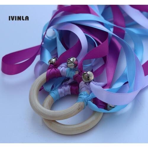 Newest 20 Pieces/Lot blue and purple Wooden Ring Waldorf Ribbon Hand Kite Toy Swirl Stremers FLY ME Birthyday Party Favors