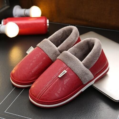 Winter New Style Cotton Slippers Womens Warm Non-slip Month Shoes Home Couples PU Waterproof Thick-soled Cotton Shoes Men