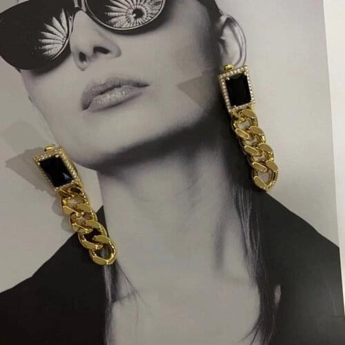 New Vintage Personality Long Thick Chain Pendant Black Crystal Dangle Earrings Stud For Women Jewelry Charm Party Gifts