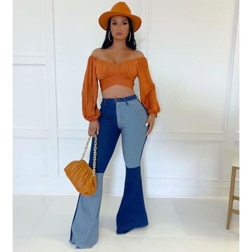 TNNAOFF Sexy Plus Size Patchwork Jeans for Women Trendy Skinny Elastic High Waist Pockets Button Flare Pants Streetwear Trousers