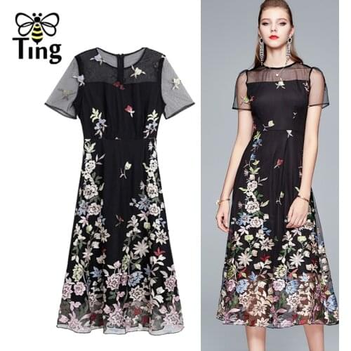 Tingfly Vintage Elegant Luxury Flower Embroidery Summer Dress Midi Long Party Dinner Dresses Retro Office Work Dress Vestidos Z
