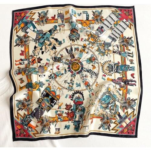 100% Pure Silk Scarf Women Indian Hopi Print Square Foulards Small Neckerchief Female Bandana Hijabs Head Scarves Wraps 53CM