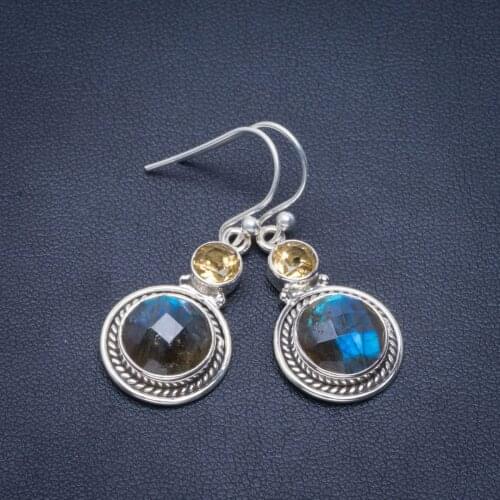 Natural Blue Fire Labradorite and Citrine Handmade Unique 925 Sterling Silver Earrings 1.5" B2627