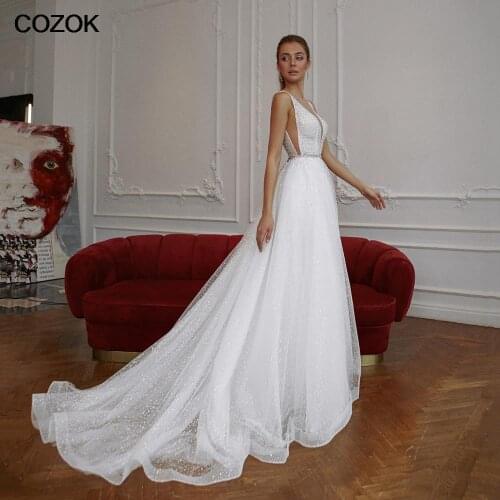 Ivory Princess Wedding Dresses V Neck Glitter Tulle Sleeveless Beading Belt Bridal Gowns Vestido De Noche 2021