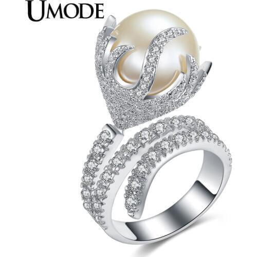 UMODE Natural Freshwater Pearl Ring For Women White Gold Color AAA Zircon Pave Luxury Rings Fashion Jewelry High Quality AUR0327