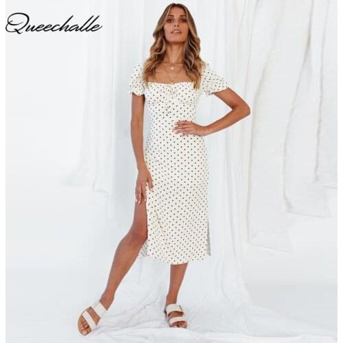 Bohemian Dots Print Sexy Split Dress Women Summer Puff Short Sleeve Midi Dress Female A-line Party Dresses Elegant Vestidos
