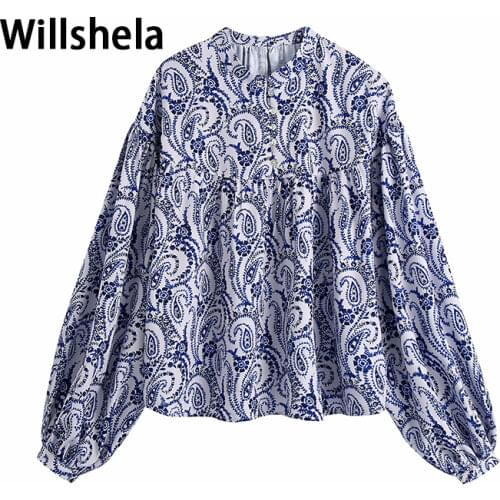 Willshela Women Vintage Printed Shirt Long Puff Sleeves O-neck Casual Chic Lady High Fashion Blouses Woman Tops